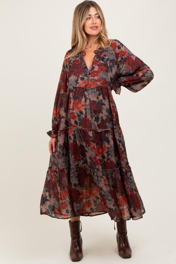 beige floral chiffon ruffle tiered maternity midi dress