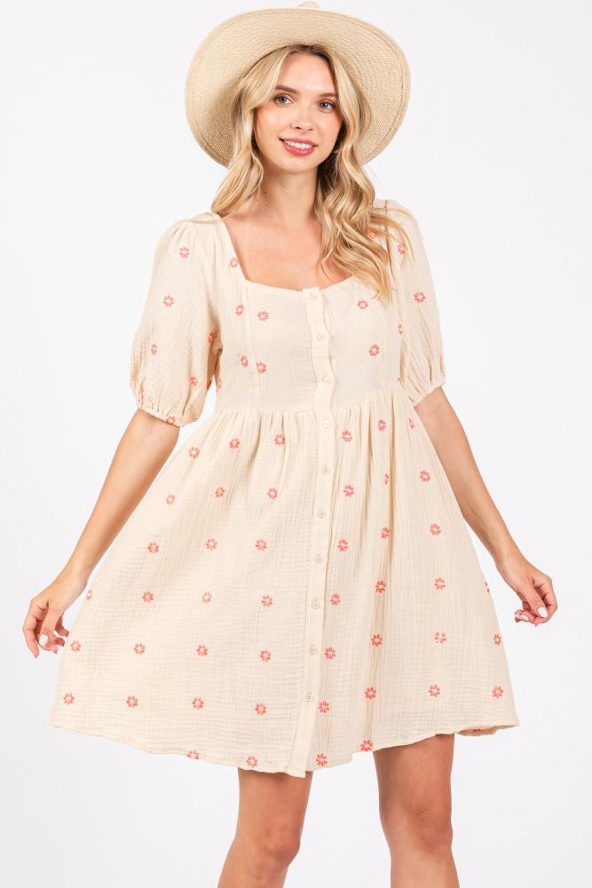 beige floral embroidered button front short sleeve dress