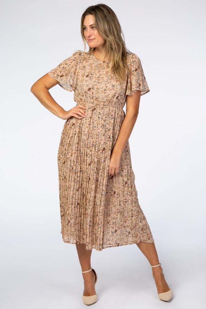 beige floral pleated chiffon midi dress