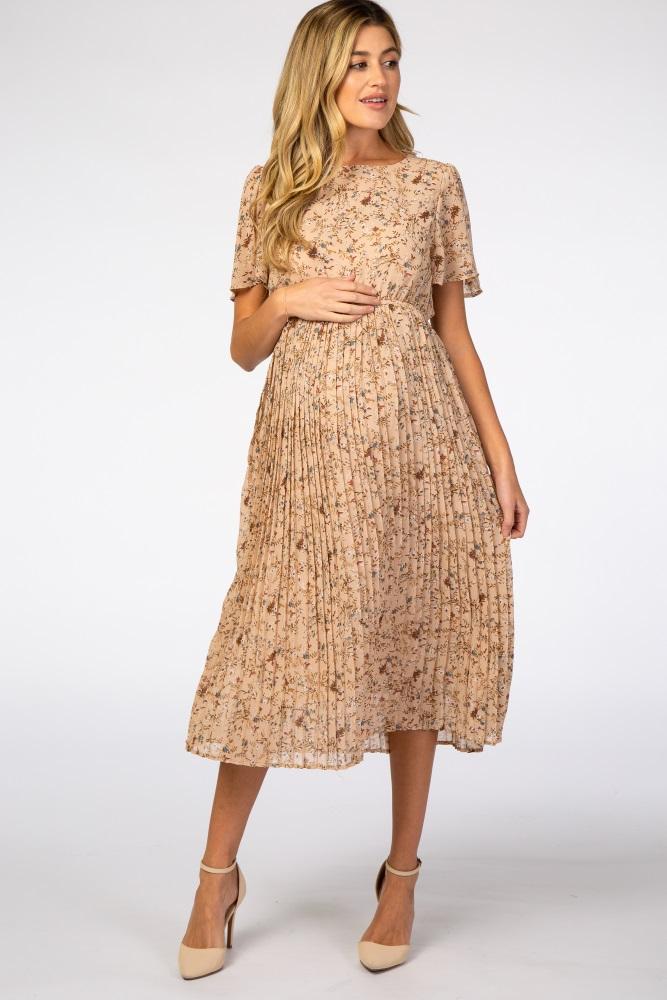beige floral pleated short sleeve chiffon maternity midi dress