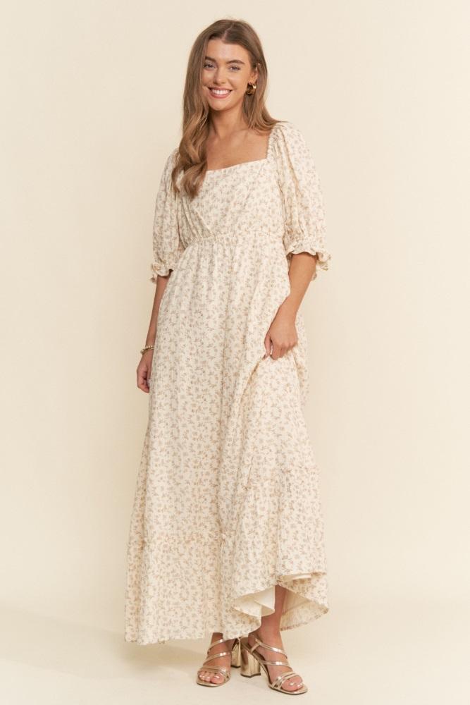 beige floral print square neckline maxi dress