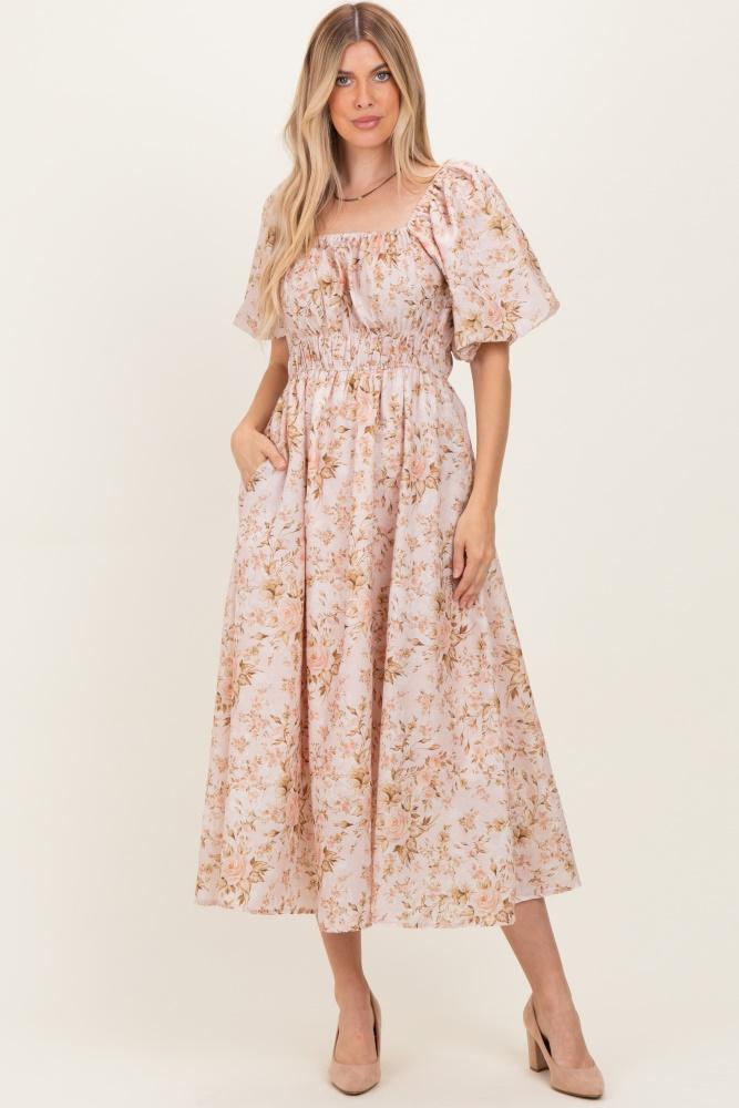 beige floral puff sleeve midi dress