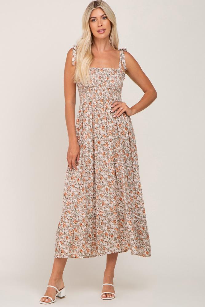beige floral sleeveless tiered maxi dress