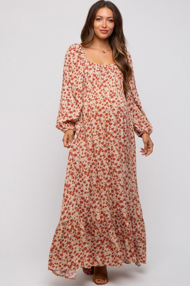 beige floral square neck ruffle maternity maxi dress