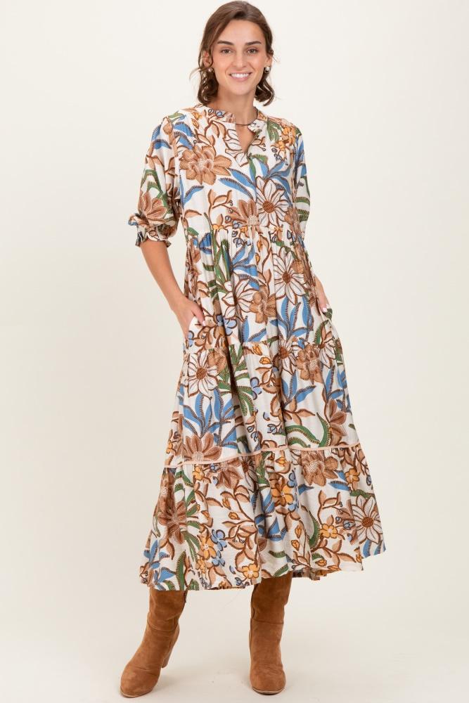 beige floral tiered short sleeve midi dress