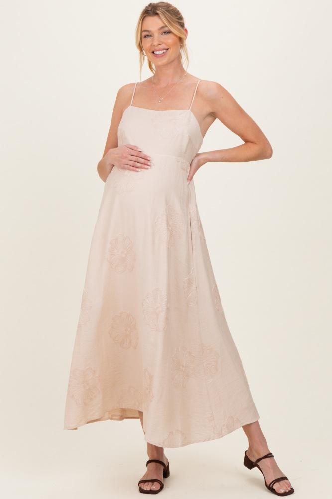 beige flower embroidered maternity midi dress