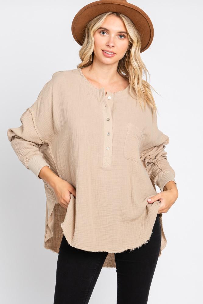 beige front button drop shoulder long sleeve top