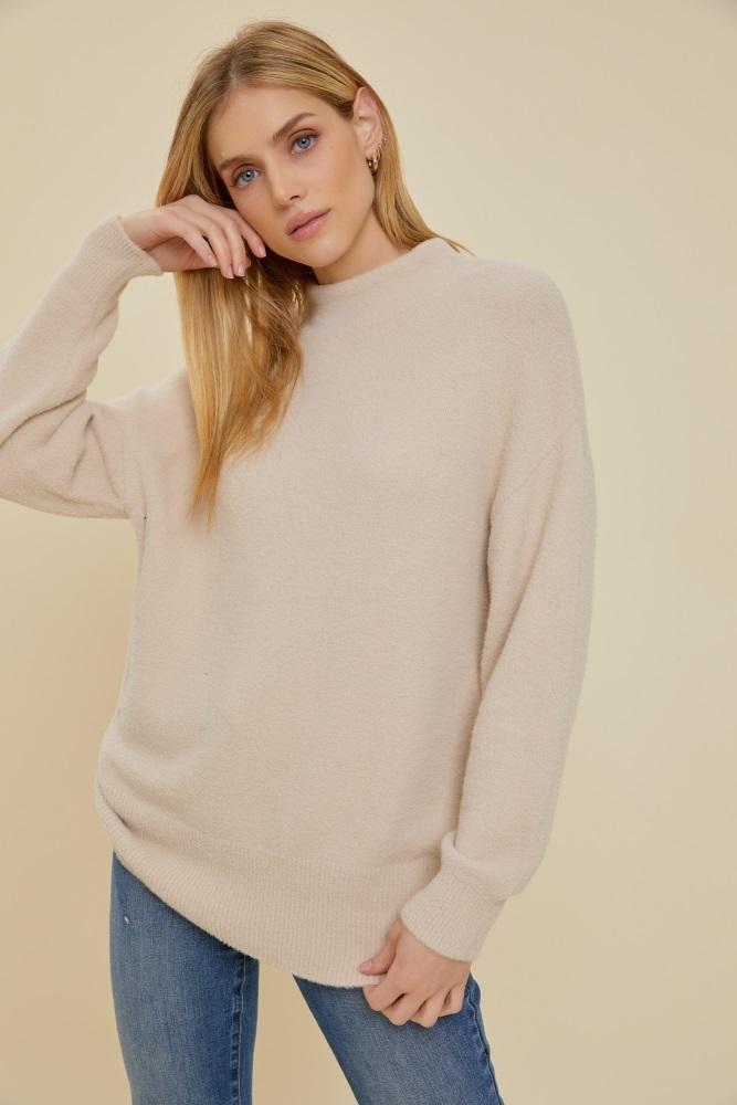 beige fuzzy knit mock neck sweater
