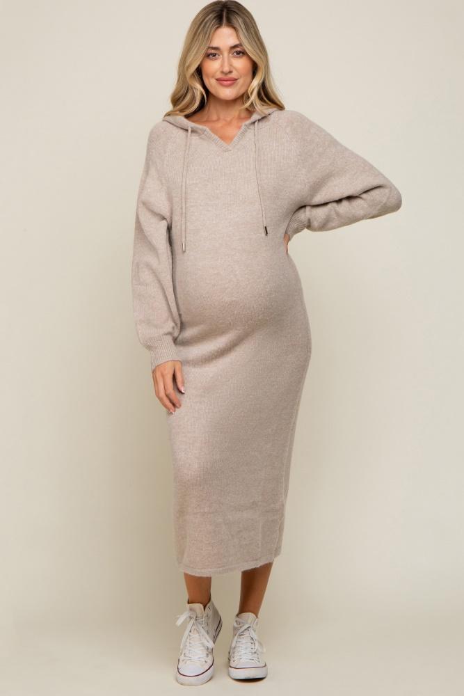 beige hooded maternity sweater midi dress