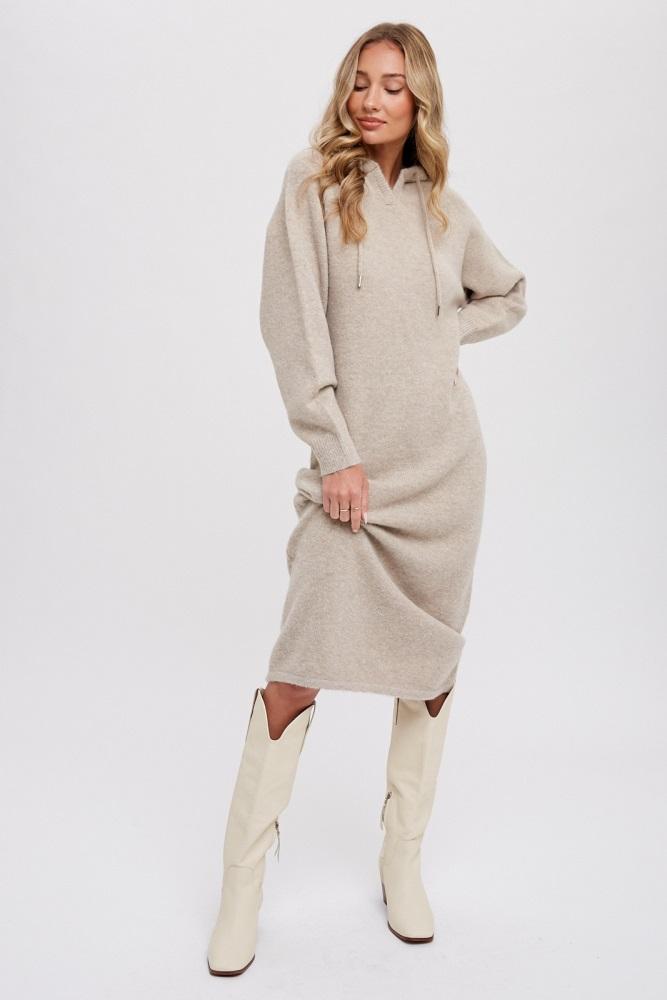 beige hooded sweater midi dress