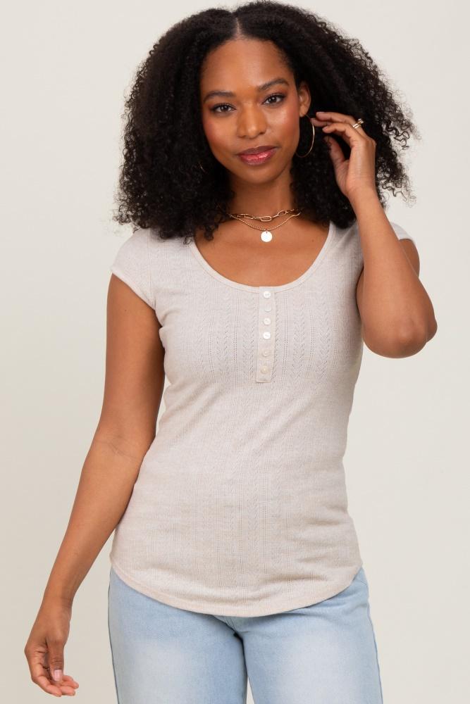 beige jacquard button front short sleeve top
