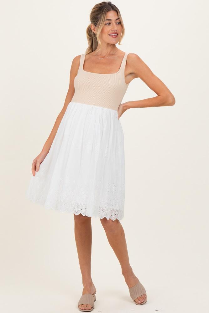beige knit contrast eyelet lace skirt maternity mini dress