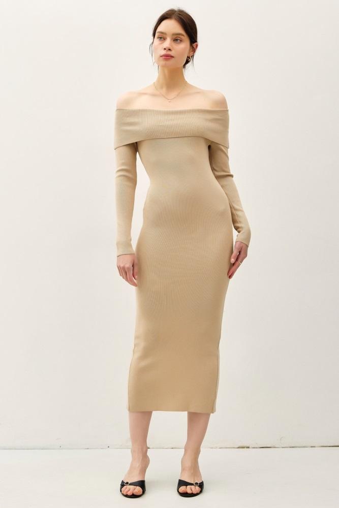 beige knit off shoulder long sleeve midi dress