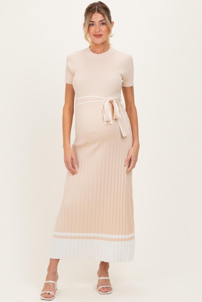 beige knit pleated sash tie maternity midi dress