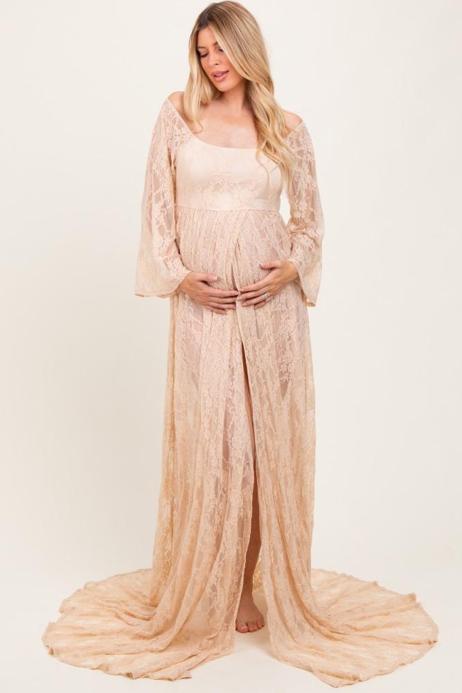 beige lace long sleeve off shoulder slit draped maternity photoshoot dress