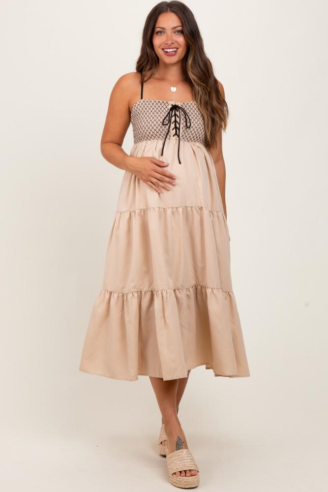 beige lace up smocked bodice tiered maternity midi dress