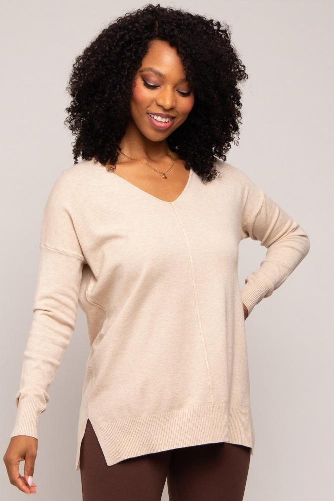 beige long sleeve side slit sweater