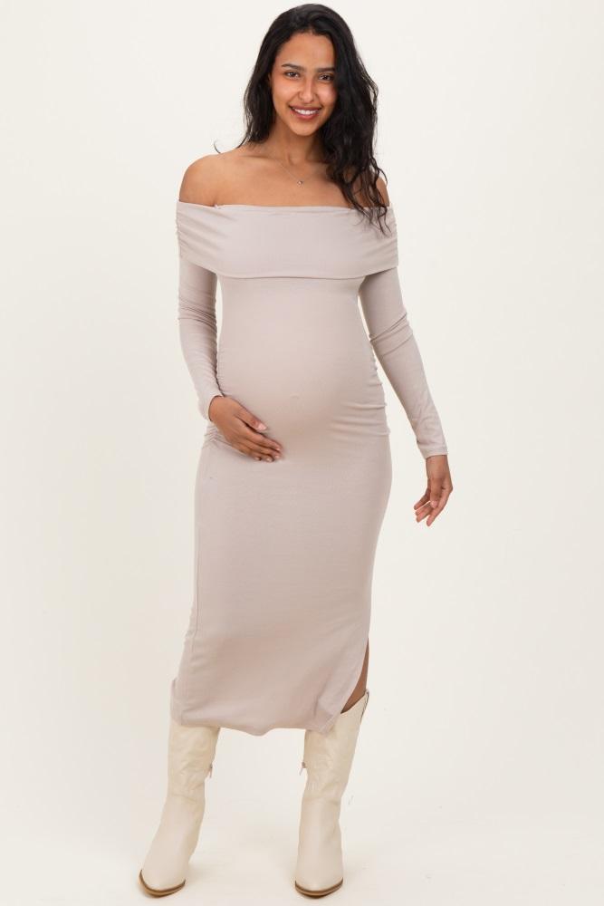 beige off shoulder ruched side slit maternity midi dress