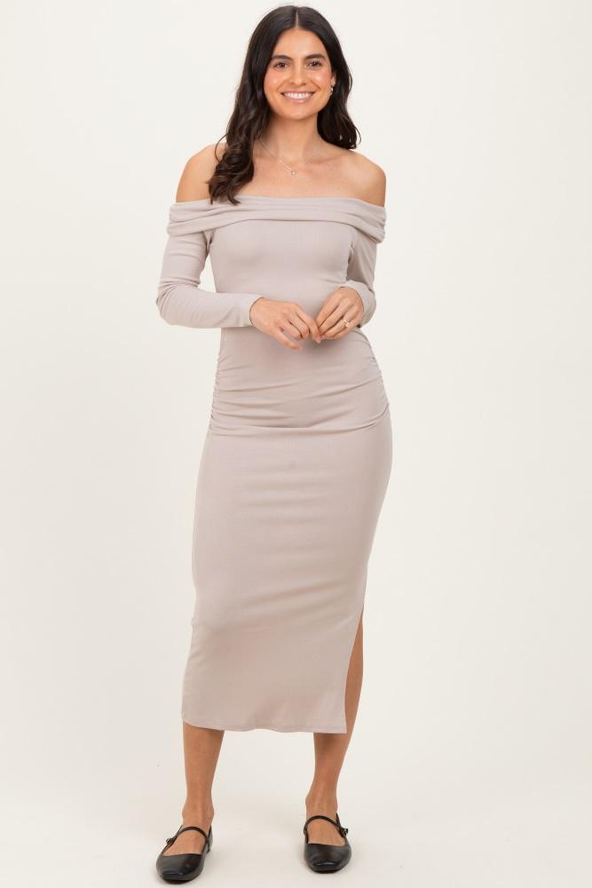 beige off shoulder ruched side slit midi dress