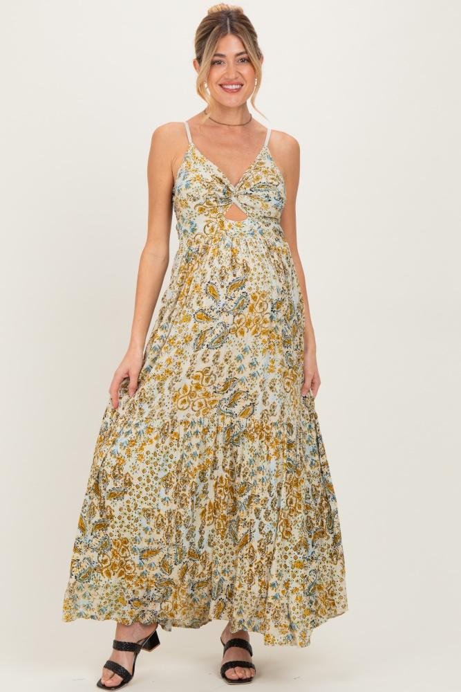 beige paisley floral twisted front maternity maxi dress