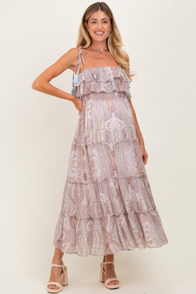 beige paisley ruffle tiered shoulder tie maternity maxi dress