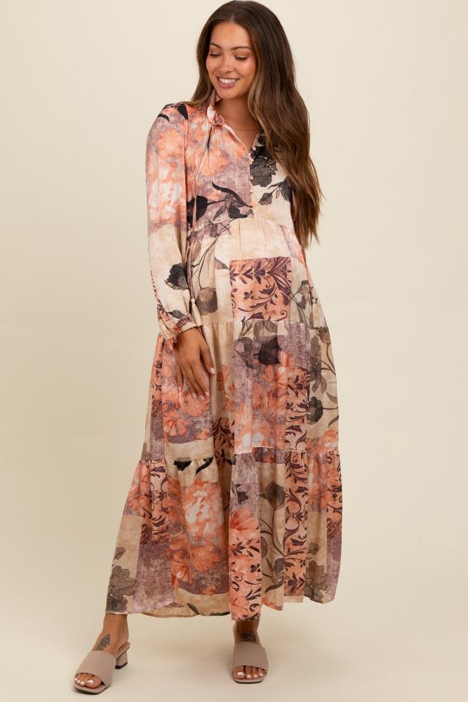 beige patchwork satin tiered button front maternity midi dress