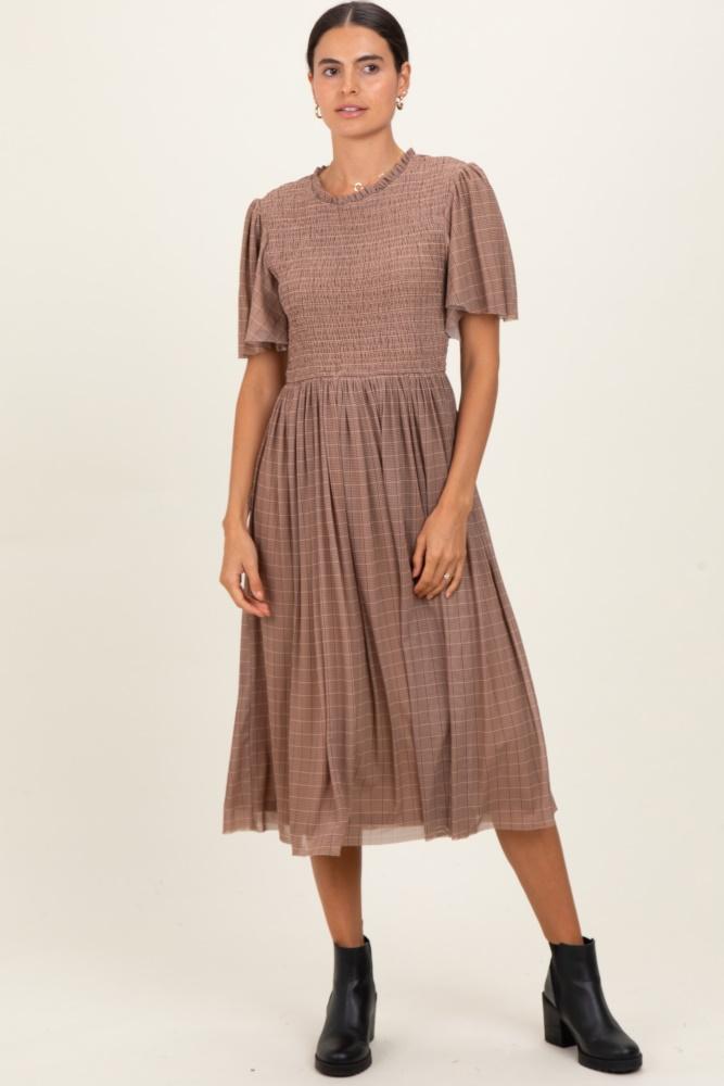 beige plaid smocked mesh midi dress