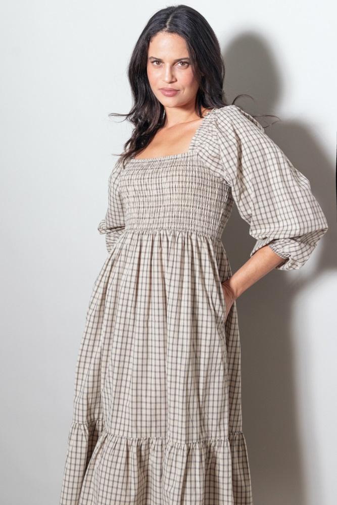 beige plaid smocked puff sleeve midi dress