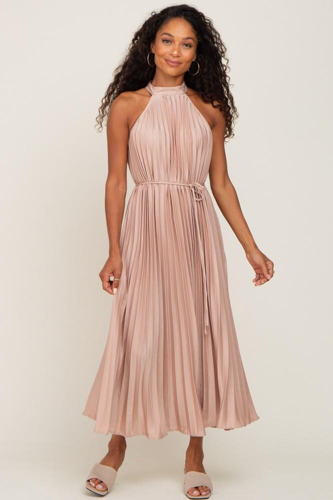 beige pleated halter dress