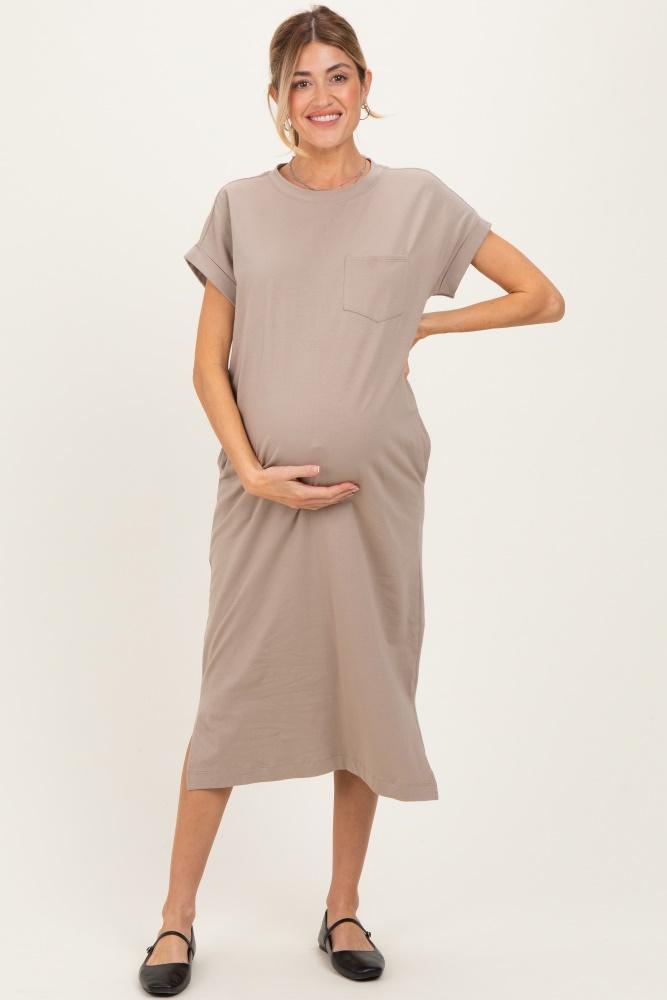 beige pocket front maternity midi t-shirt dress