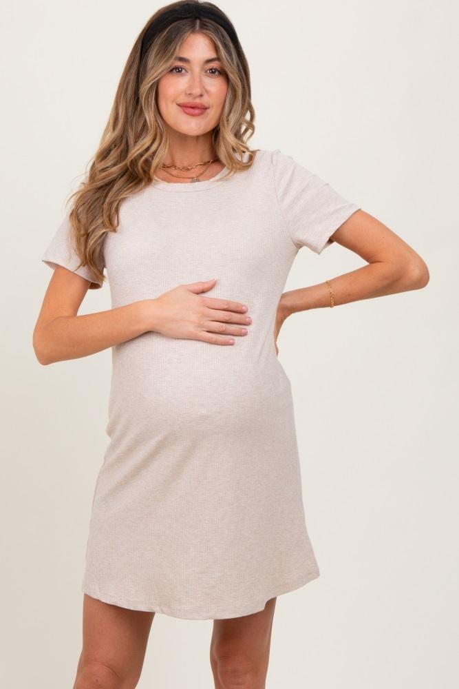 beige ribbed knit basic short sleeve maternity t-shirt dress