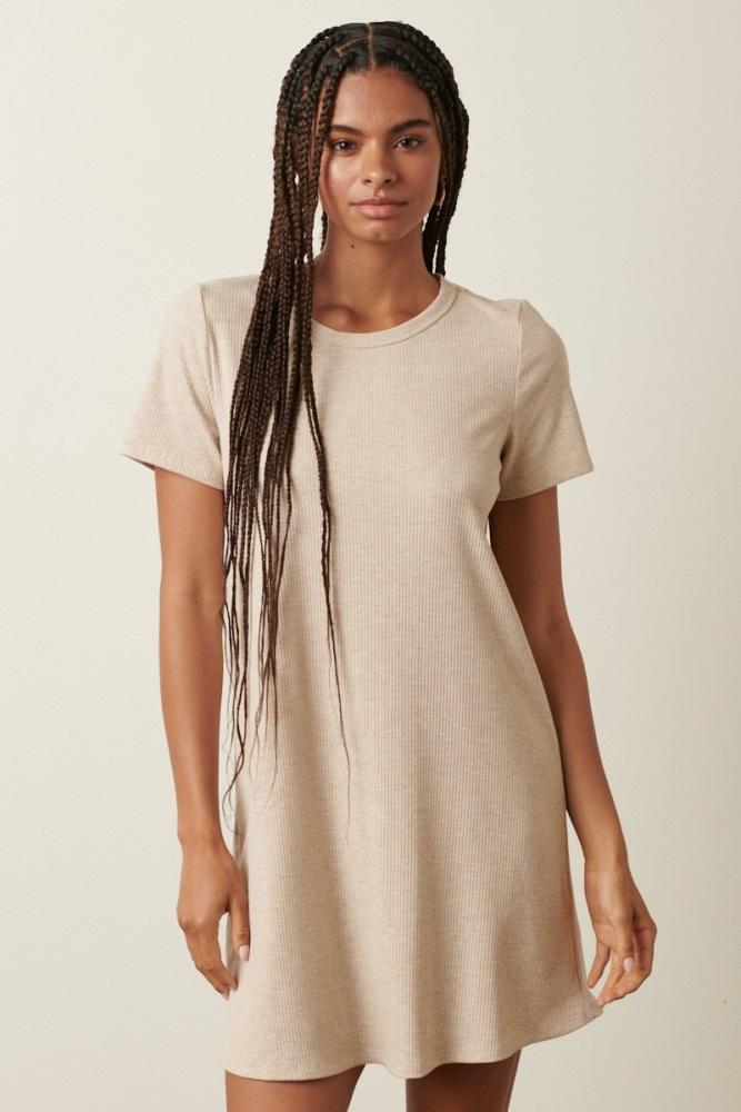 beige ribbed knit basic short sleeve t-shirt dress