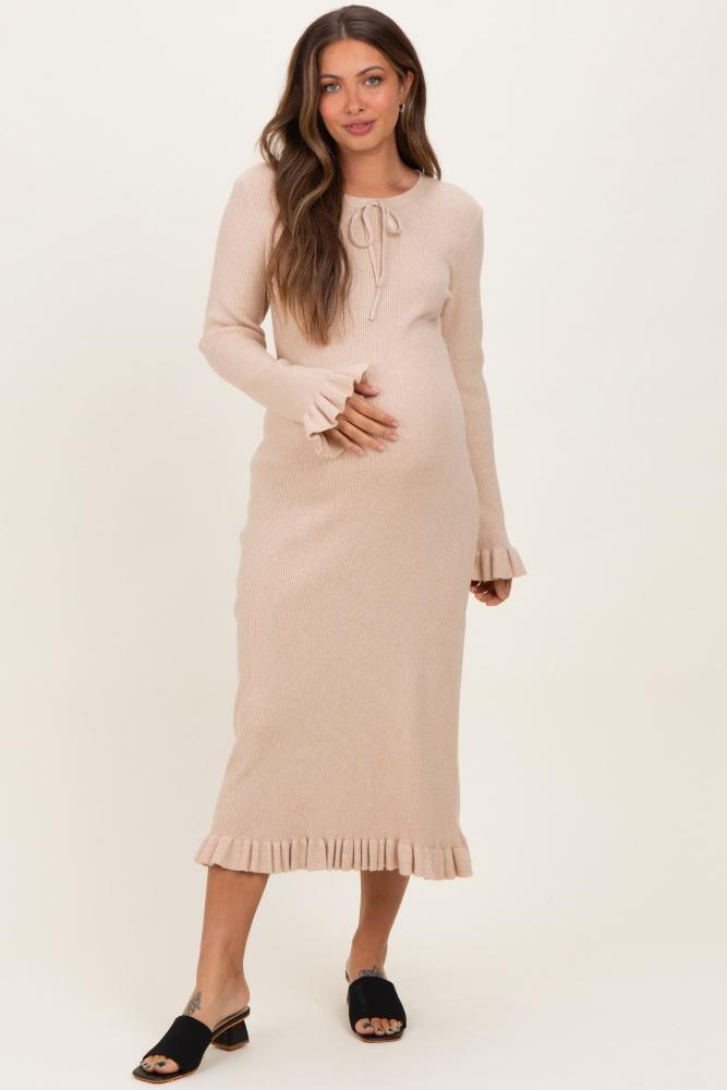 beige ribbed knit ruffle trim maternity midi sweater dress