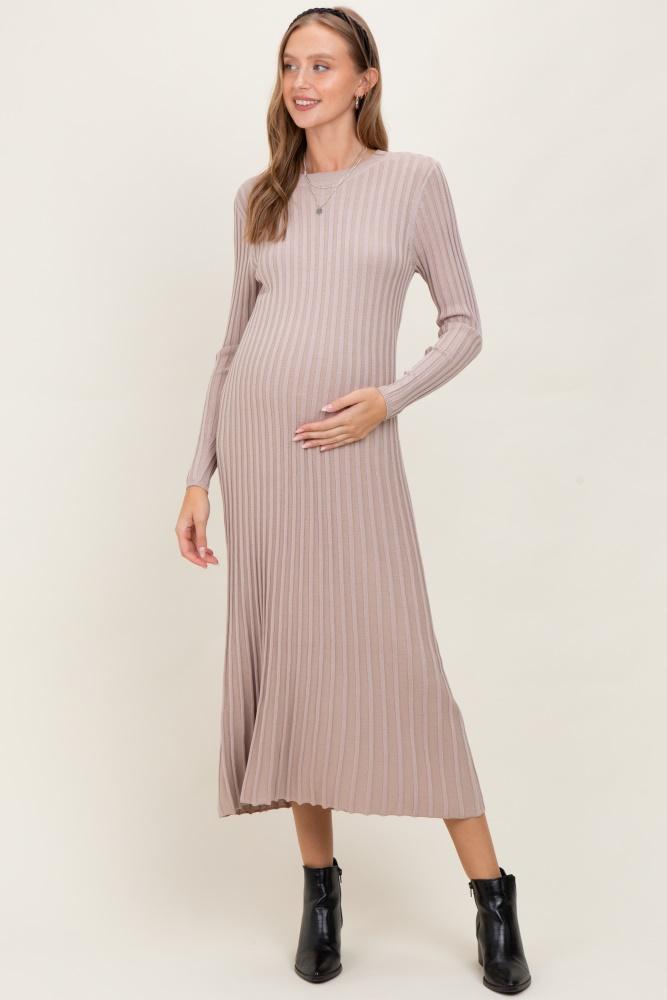 beige ribbed long sleeve maternity sweater midi dress