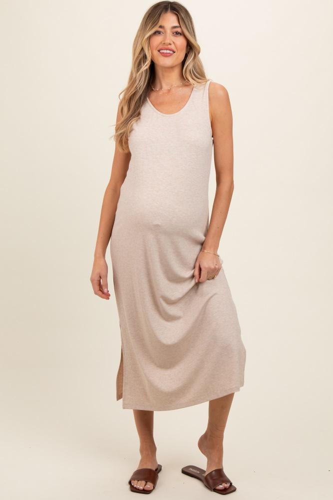 beige ribbed sleeveless maternity midi dress