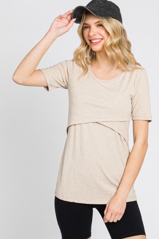 beige ribbed wrap front nursing top