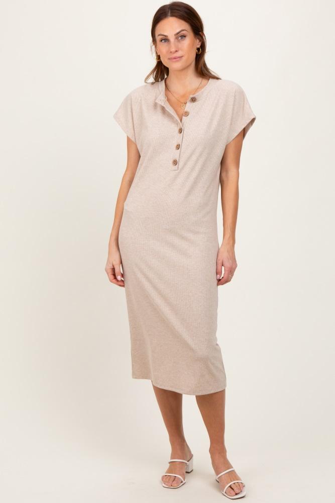 beige solid ribbed short sleeve button down knit midi dress