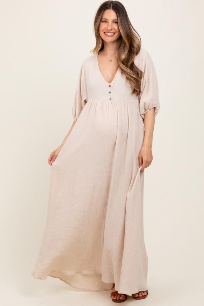 beige solid woven elbow sleeve v-neck button down maternity maxi dress