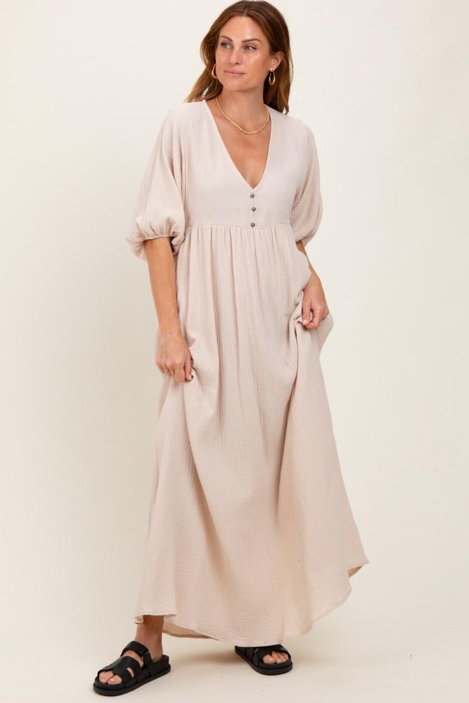 beige solid woven elbow sleeve v-neck button down maxi dress