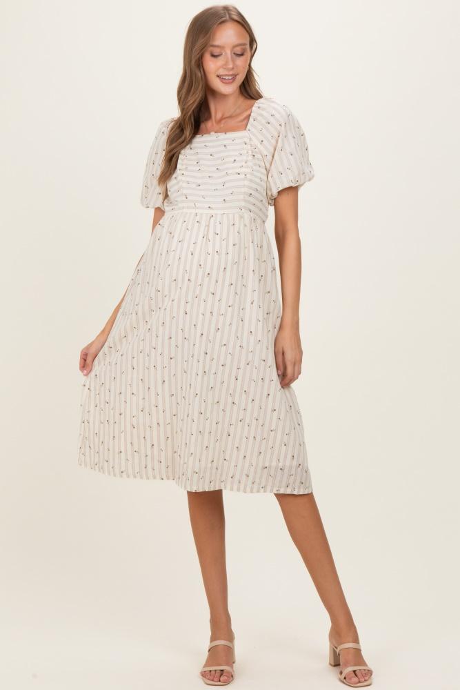 beige square neck striped maternity dress