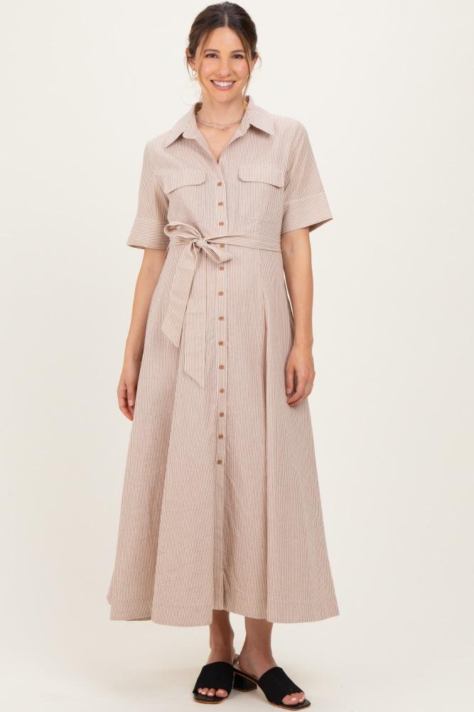 beige striped cotton button down maternity maxi dress