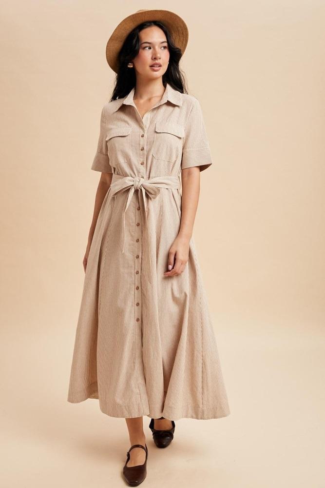 beige striped cotton button down maxi dress