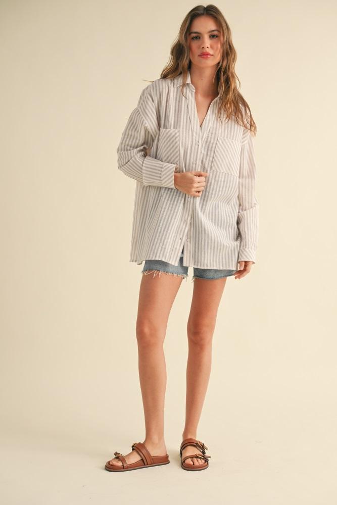 beige striped double pocket button down top