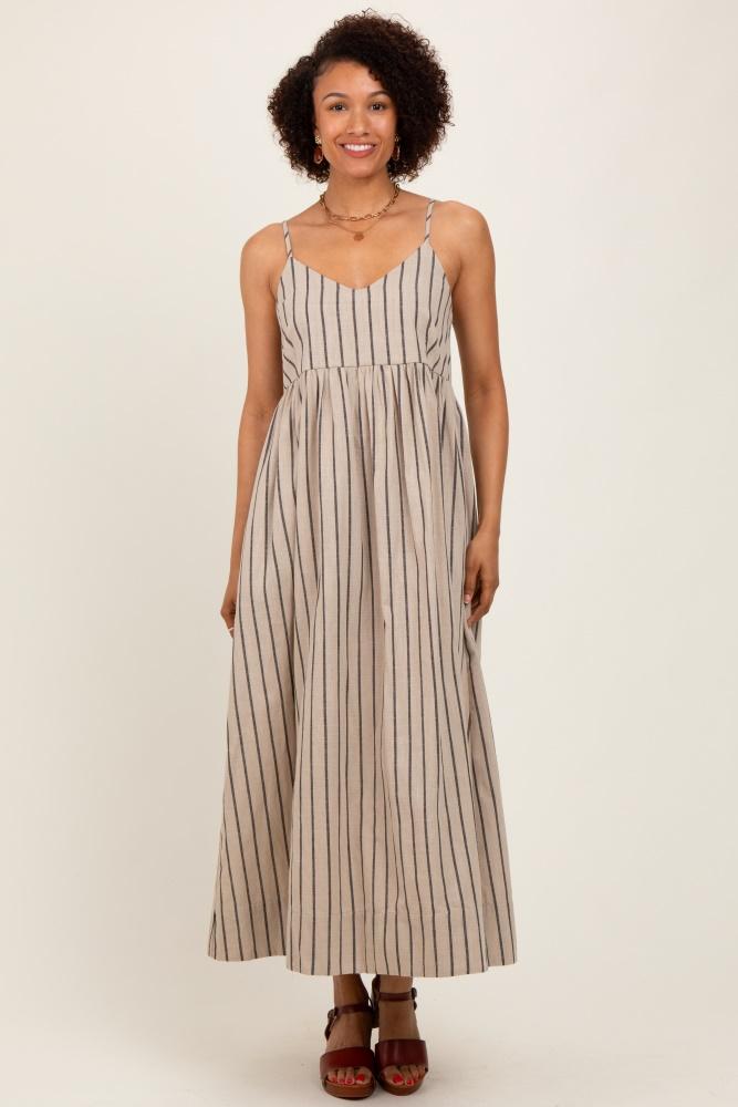 beige striped linen blend maxi dress