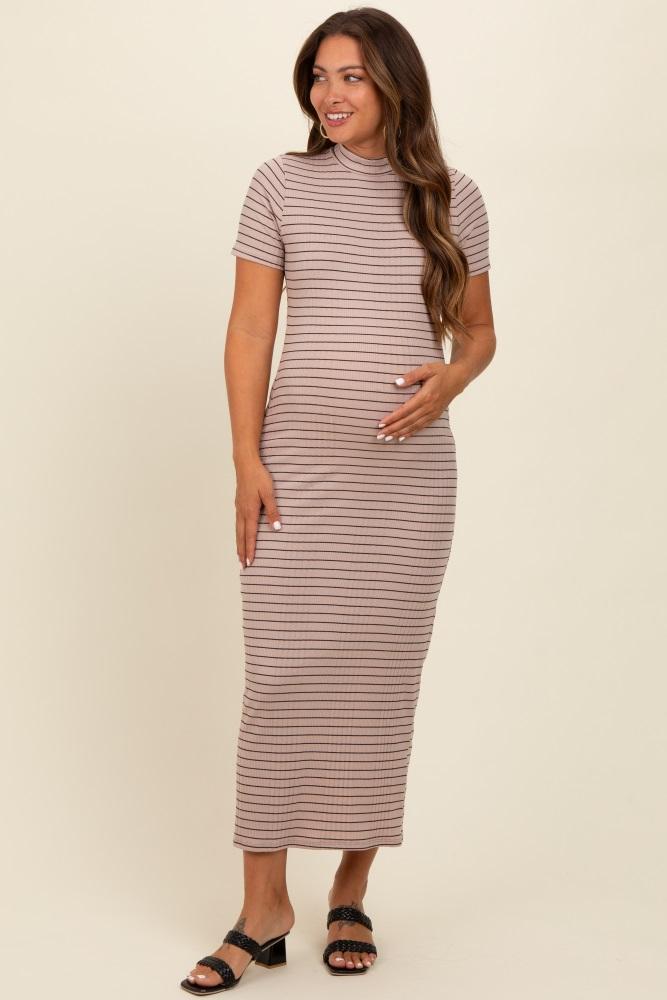 beige striped mock neck fitted maternity midi dress