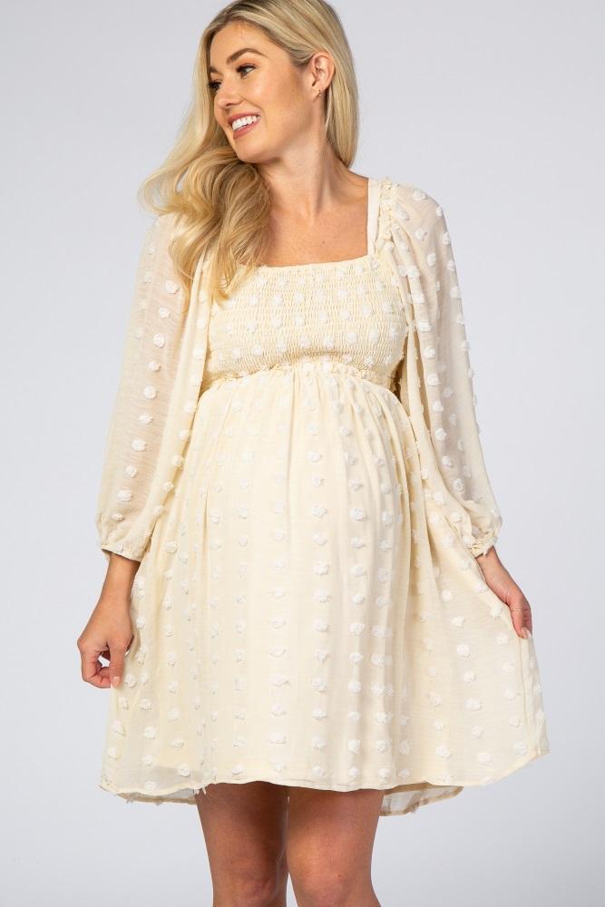 beige textured dot smocked square neck chiffon maternity dress