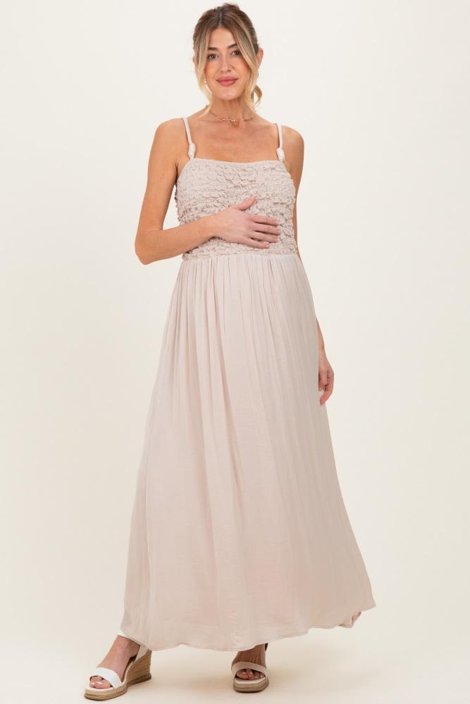 beige textured smocked maternity maxi dress