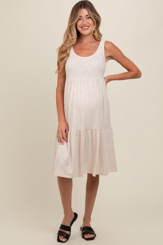 beige tiered sleeveless maternity midi dress