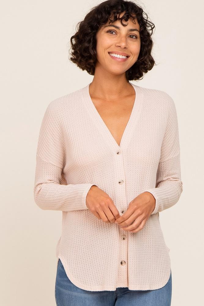 beige waffle knit button down top