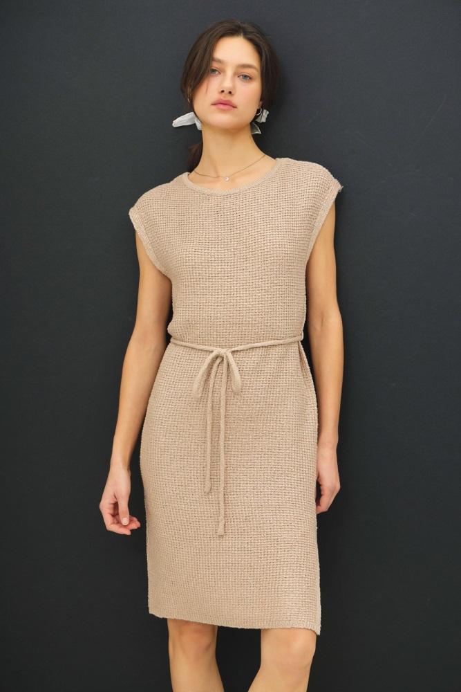 beige waffle knit sash tie short sleeve dress